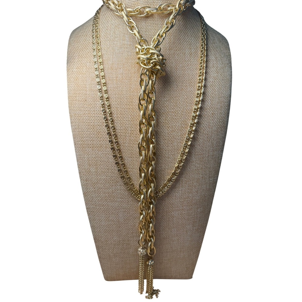 Gold Tone Textured Metal Multi Strand Tassel Lariat Necklace Set of 2 70s Glam